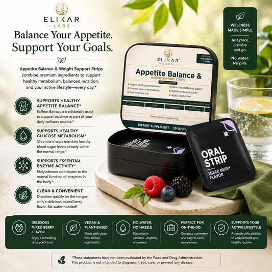 Elizar Labs Appetite Balance & Weight Support Strips shown in a promotional layout with a tablet displaying the product page, a black box of oral strips, and two loose strips. The scene includes green leaves and berries, text callouts, and a dark green footer with benefits.