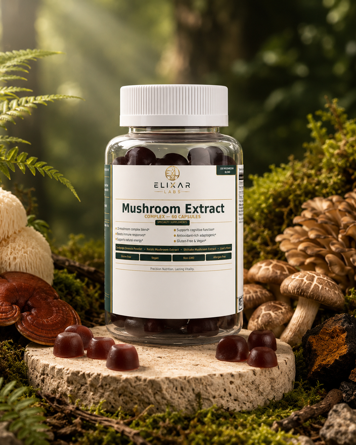 A bottle of ELIXAR Labs Mushroom Extract dietary supplement with gummies, styled on a stone slab surrounded by mushrooms, pinecones, and green foliage in a forest setting.