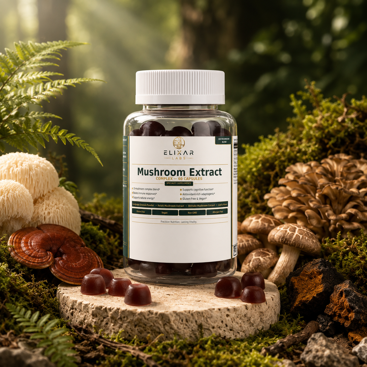 A bottle of ELIXAR Labs Mushroom Extract dietary supplement with gummies, styled on a stone slab surrounded by mushrooms, pinecones, and green foliage in a forest setting.