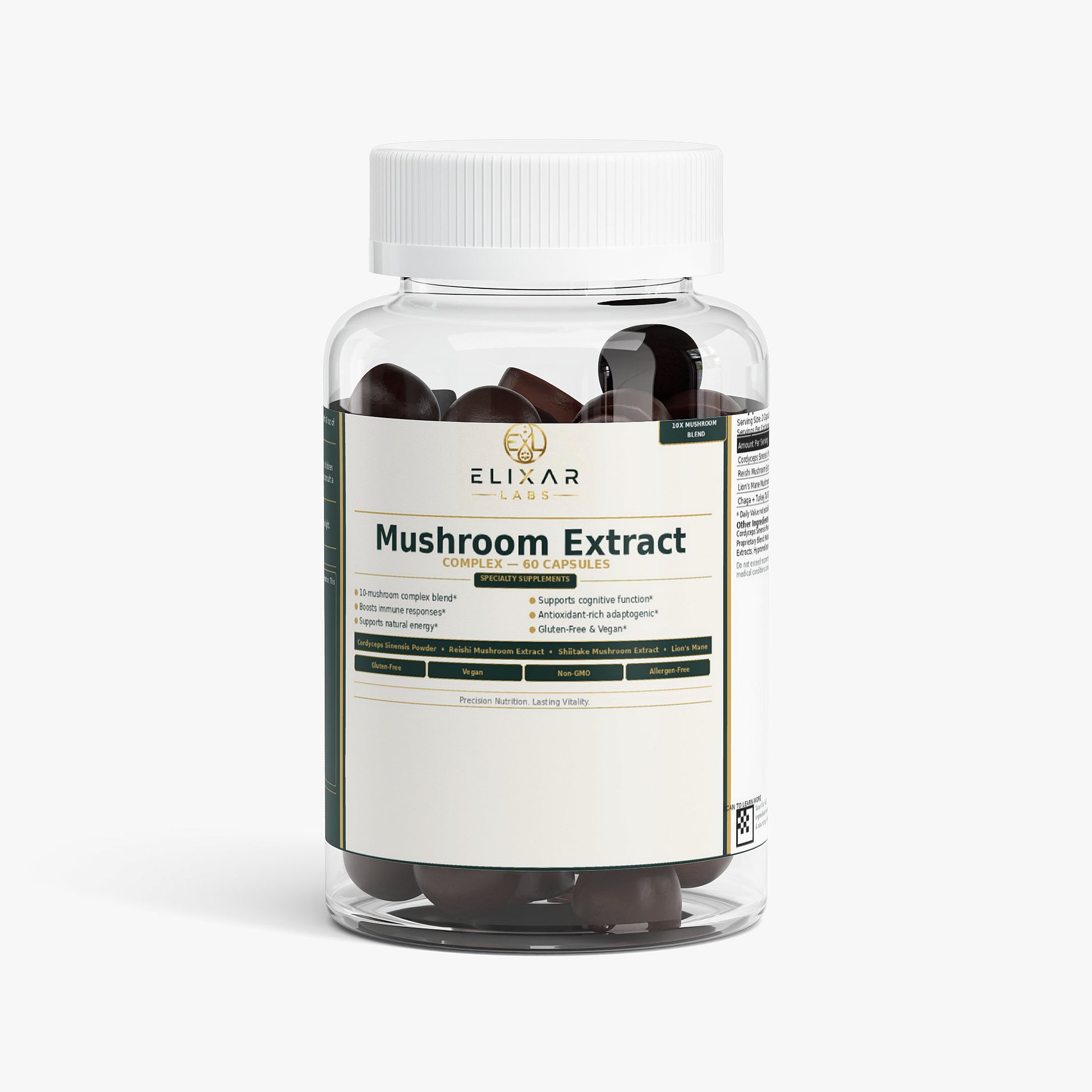 A clear plastic bottle of Elinar Labs Mushroom Extract capsules with a white cap and a white label, set against a clean white background.