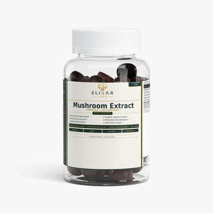 A clear plastic bottle of Elinar Labs Mushroom Extract capsules with a white cap and a white label, set against a clean white background.