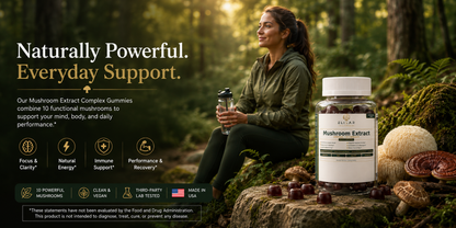 A woman sits in a forest while holding a bottle of mushroom extract complex gummies next to a large jar labeled 'Mushroom Extract'. The scene includes mushrooms on a log and marketing text on the left.