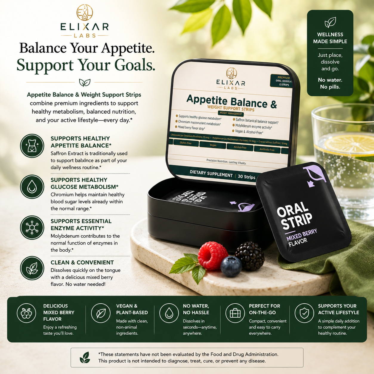 Elizar Labs Appetite Balance & Weight Support Strips shown in a promotional layout with a tablet displaying the product page, a black box of oral strips, and two loose strips. The scene includes green leaves and berries, text callouts, and a dark green footer with benefits.