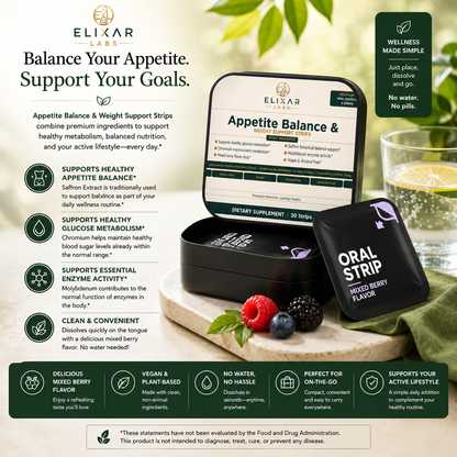 Elizar Labs Appetite Balance & Weight Support Strips shown in a promotional layout with a tablet displaying the product page, a black box of oral strips, and two loose strips. The scene includes green leaves and berries, text callouts, and a dark green footer with benefits.