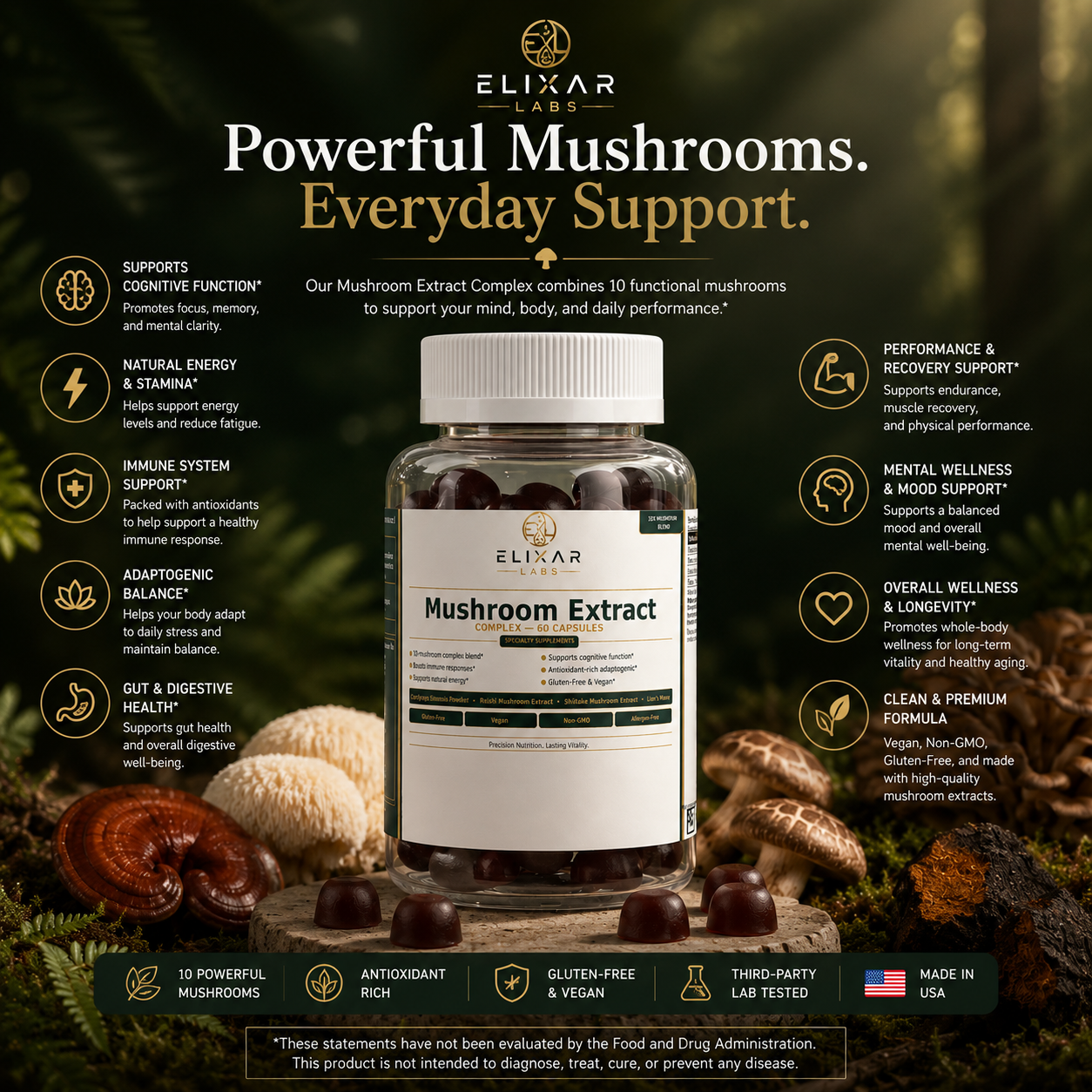 A bottle of Elixar Labs Mushroom Extract supplement centered on a dark forest-themed background with mushrooms and pinecones around it. The image includes multiple text callouts listing benefits such as cognitive function, natural energy, immune support, adaptogenic balance, digestive health, performance, mental wellness, overall wellness, and clean premium formula.