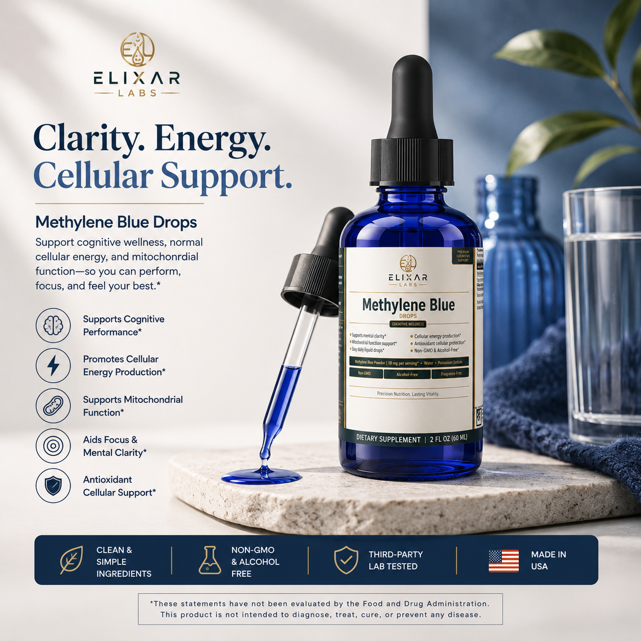 A bottle of Elixar Labs Methylene Blue Drops with a dropper and a glass dropper resting beside it on a stone slab, set against a styled background with blue glassware and green leaves. The left side features product information text.