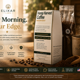 Close-up of medium roast Arabica coffee beans with hemp protein powder
