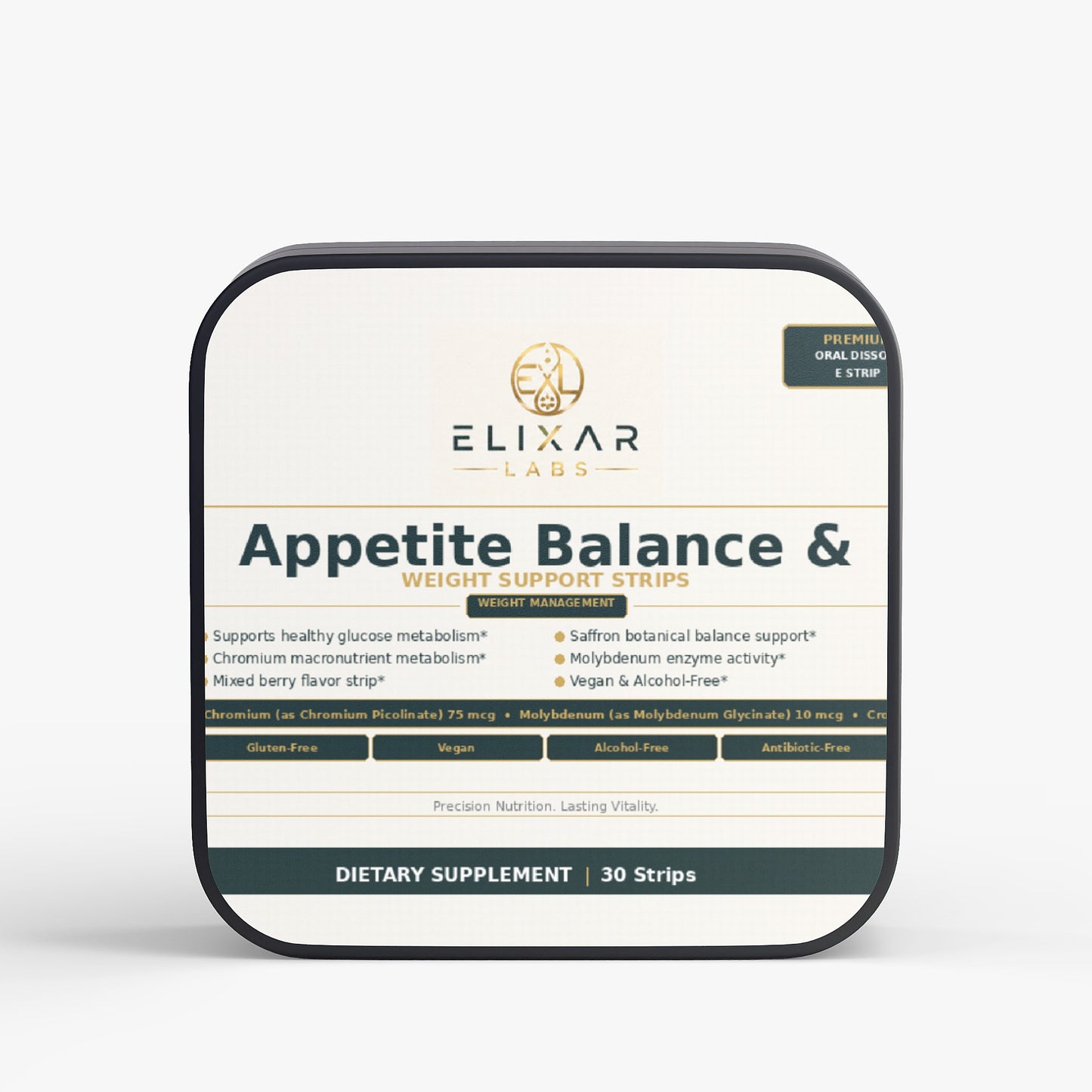 A square supplement box for Elixir Labs Appetite Balance & Weight Support Strips, featuring a cream and dark green label with a black border, shown on a light gray background.