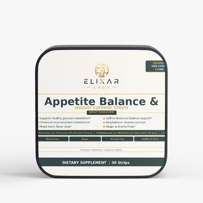 A square supplement box for Elixir Labs Appetite Balance & Weight Support Strips, featuring a cream and dark green label with a black border, shown on a light gray background.