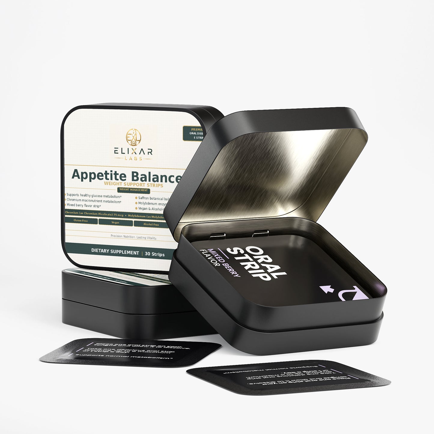 A black metal tin of ELISAR Appetite Balance oral supplement, shown open with one tin standing behind it and two small black cards in front, on a clean white background.