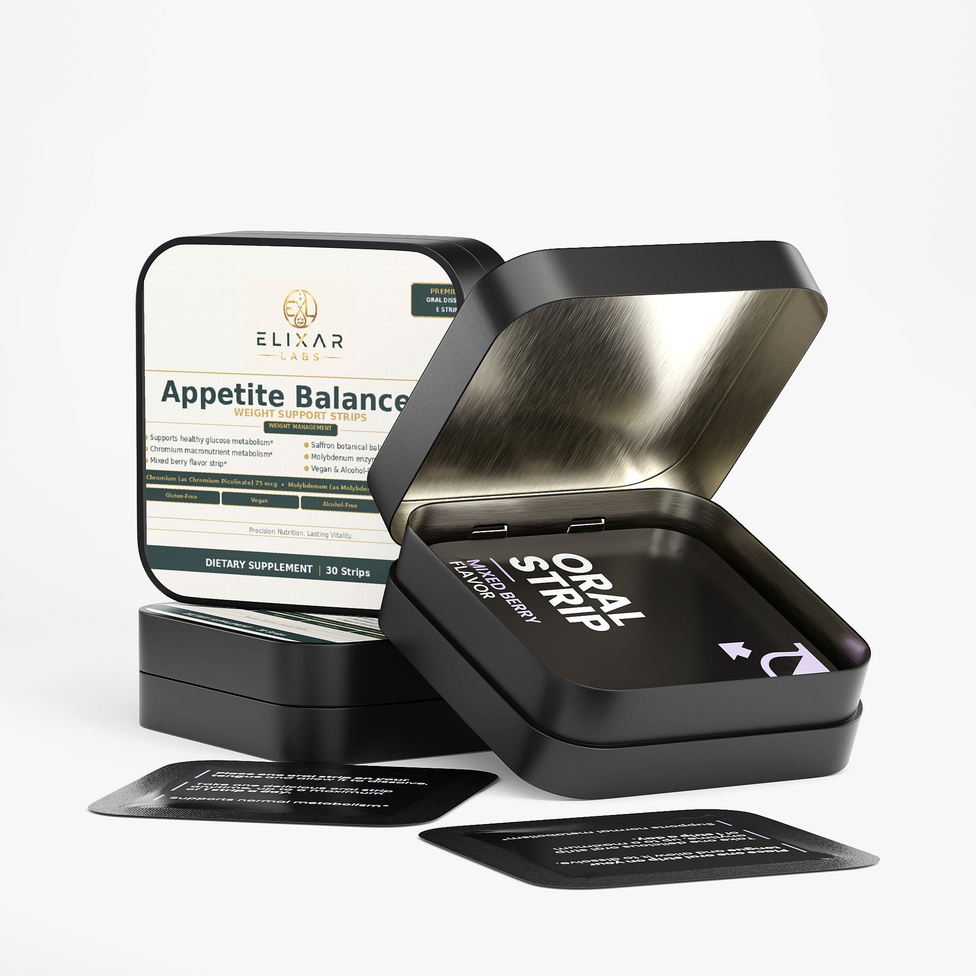 A black metal tin of ELISAR Appetite Balance oral supplement, shown open with one tin standing behind it and two small black cards in front, on a clean white background.
