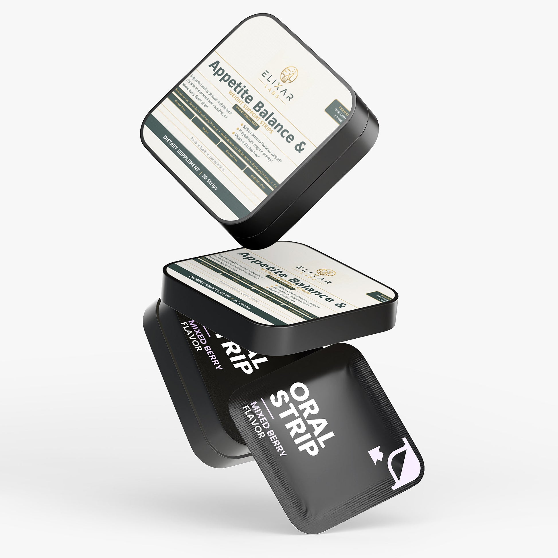 Three black and white packages of 'Oomph' bone support strips on a white background