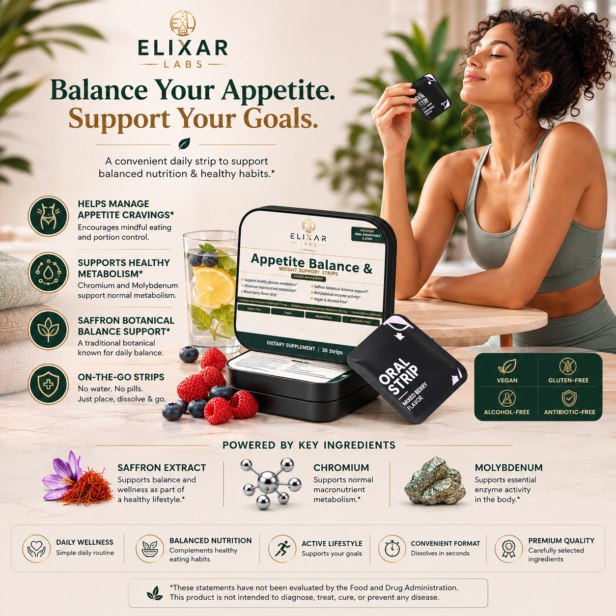 Elixxar Labs Appetite Balance & Support oral strip product display with a woman holding a black oral strip, surrounded by ingredient callouts and benefit icons on a white background.