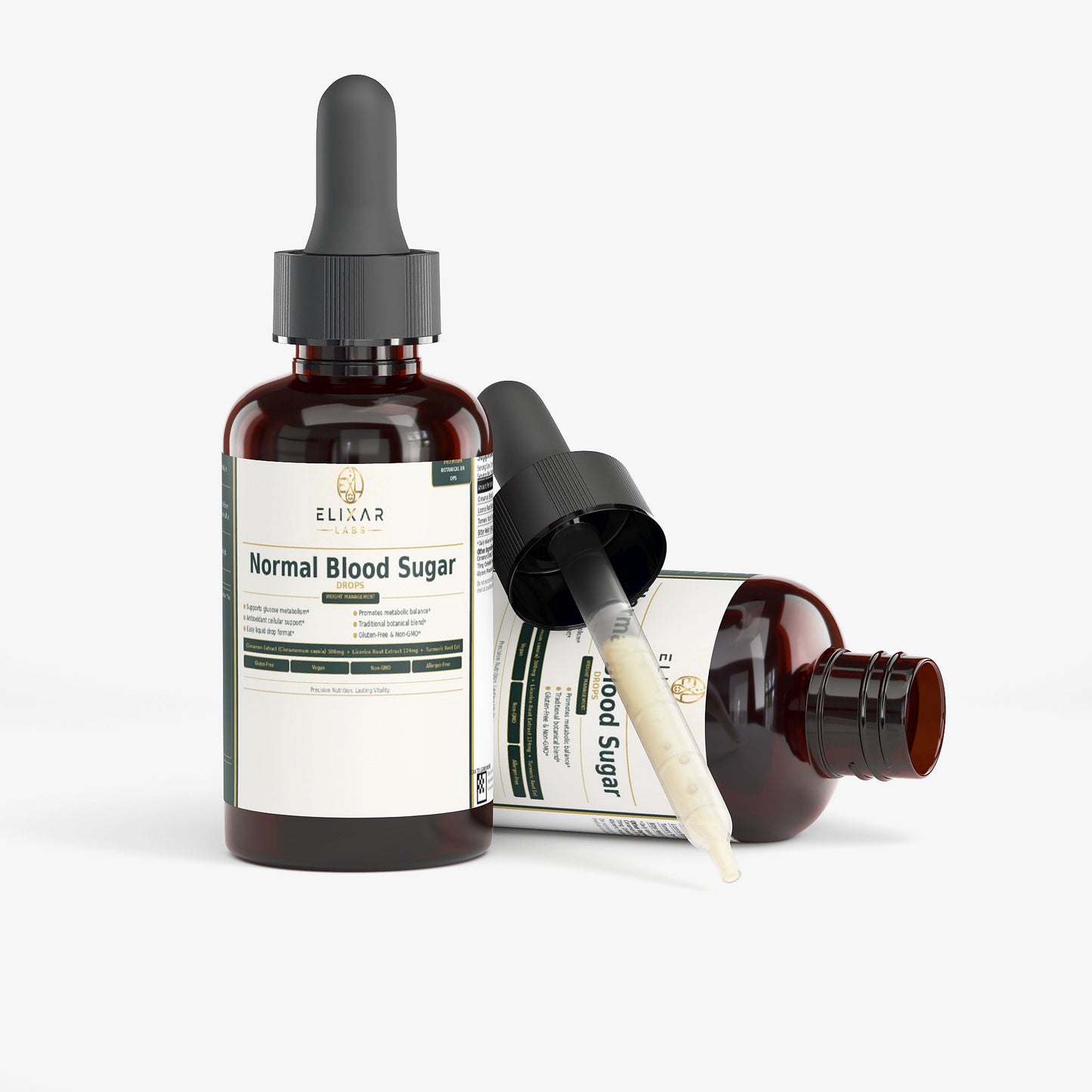 Two amber glass dropper bottles of ELIKAR Labs Normal Blood Sugar tincture on a light gray background, with one standing upright and the other lying on its side showing the dropper.