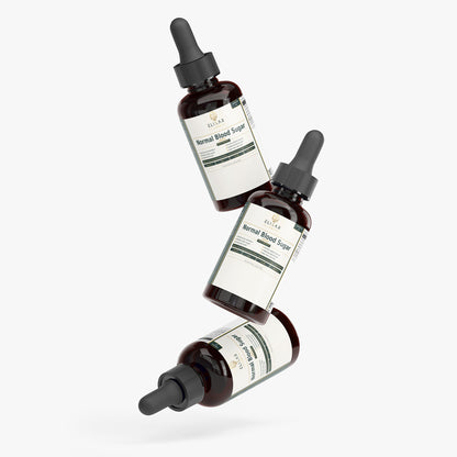 Three dropper bottles with labels on a white background