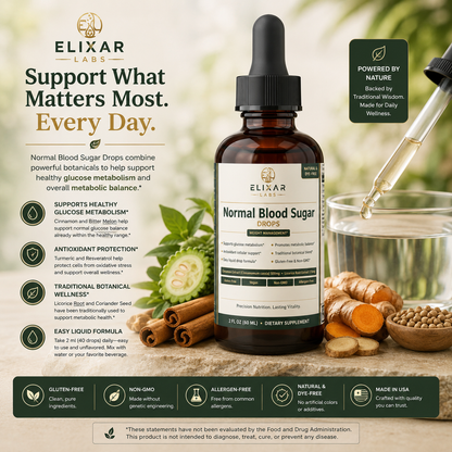 EliXar Labs Normal Blood Sugar Drops bottle shown on a branded marketing graphic with a dropper, ginger root, cinnamon, and a glass of liquid, plus text claims and icons.