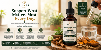 A bottle of Elixir Labs Normal Blood Sugar drops displayed on a wooden surface with a glass, spices, and a hand holding a dropper, alongside marketing text and feature icons on a warm neutral background.