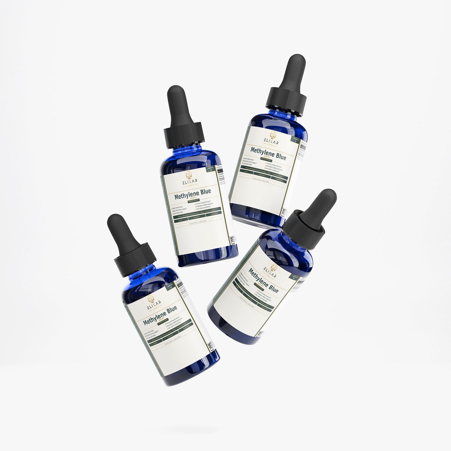 Four blue glass dropper bottles of Rithyno Skin 'Methylxene Blus' arranged diagonally on a light gray background.