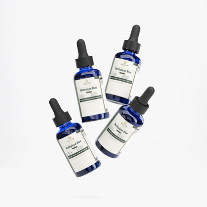 Four blue glass dropper bottles of Rithyno Skin 'Methylxene Blus' arranged diagonally on a light gray background.
