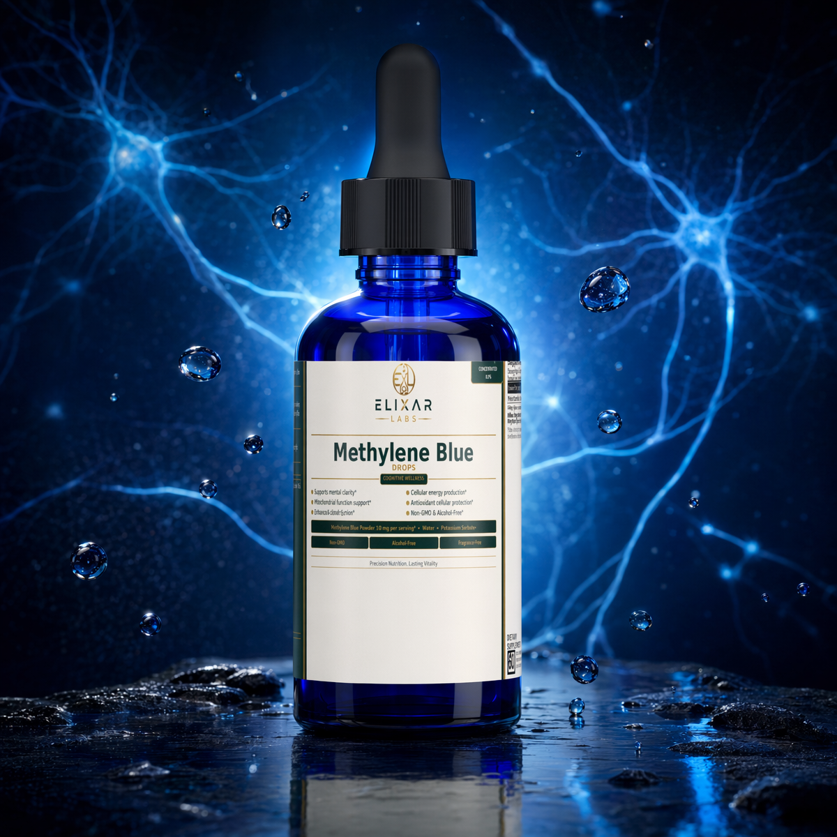 A cobalt blue glass dropper bottle of Elixir Labs Methylene Blue serum, set against a dramatic dark blue background with glowing blue neurons and floating water droplets.