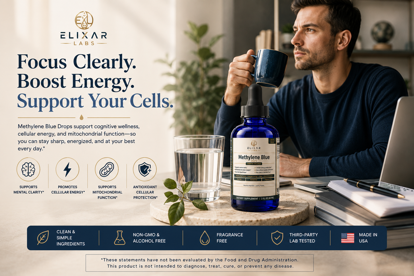A man in a navy blue shirt sits at a desk holding a dark blue mug, with an Elikar Labs Methylone Blue bottle prominently displayed on a wooden tray in front of him. The scene includes a glass of water, notebooks, and a laptop, with promotional text and icons on the left side of the image.