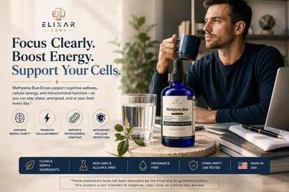 A man in a navy blue shirt sits at a desk holding a dark blue mug, with an Elikar Labs Methylone Blue bottle prominently displayed on a wooden tray in front of him. The scene includes a glass of water, notebooks, and a laptop, with promotional text and icons on the left side of the image.