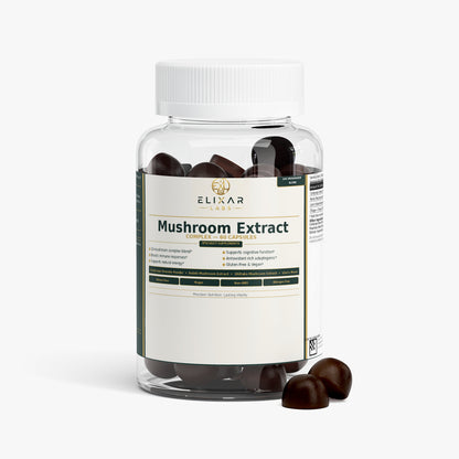 A clear plastic bottle of Elinar Labs Mushroom Extract capsules with a white cap and white label, shown on a light gray background with three dark brown capsules resting in front.