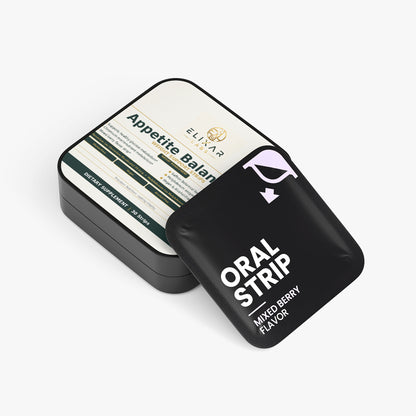 A black metal tin of ELIVAR Appetite Balance dietary supplement next to a black pouch of ELIVAR Oral Strip Mixed Berry flavor, on a light gray background.