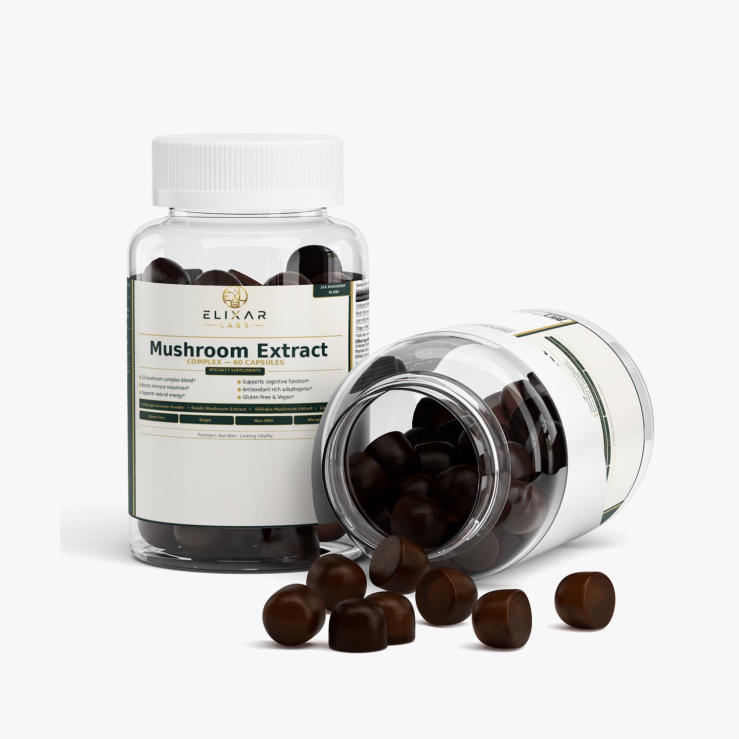 Two clear supplement bottles labeled ELIXAR Mushroom Extract on a light gray background, with one bottle standing upright and the other lying on its side, and several dark brown capsules spilled in front.