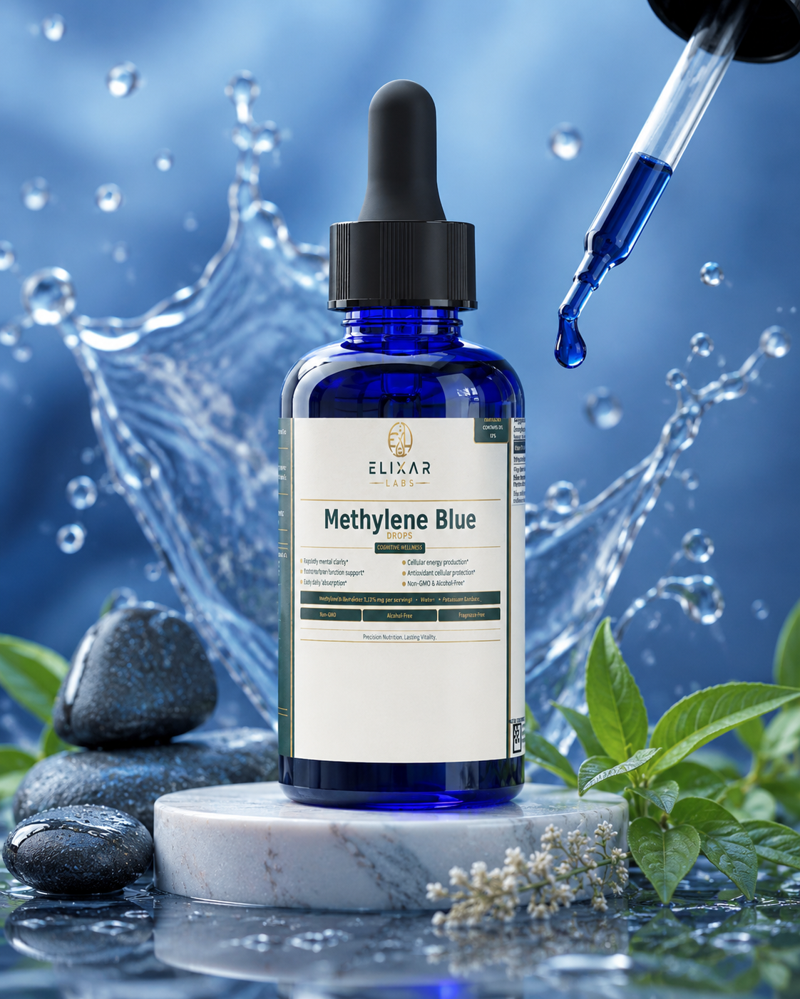 A cobalt blue glass dropper bottle labeled 'ELISAR Methylene Blue' sits on a white marble pedestal, surrounded by water droplets, dark stones, mint leaves, and a glass dropper releasing blue liquid against a blue splash background.
