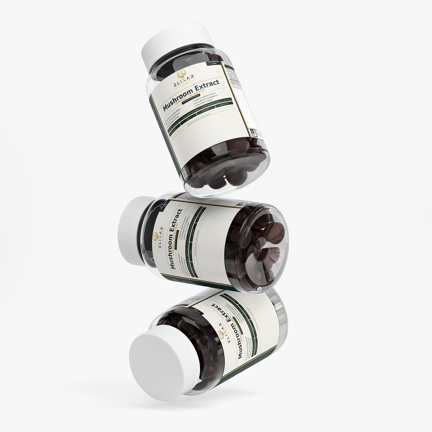Three dark supplement bottles with white caps and cream labels reading BRIDGE Mushroom Cell Complex, arranged in a floating diagonal composition on a light gray background.