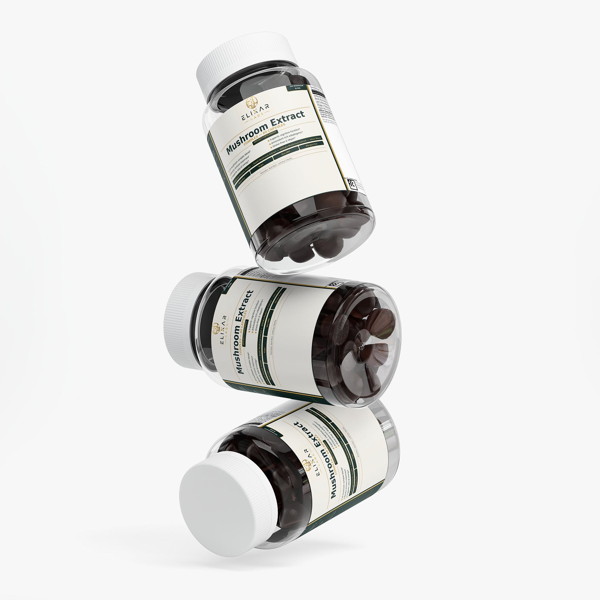 Three dark supplement bottles with white caps and cream labels reading BRIDGE Mushroom Cell Complex, arranged in a floating diagonal composition on a light gray background.