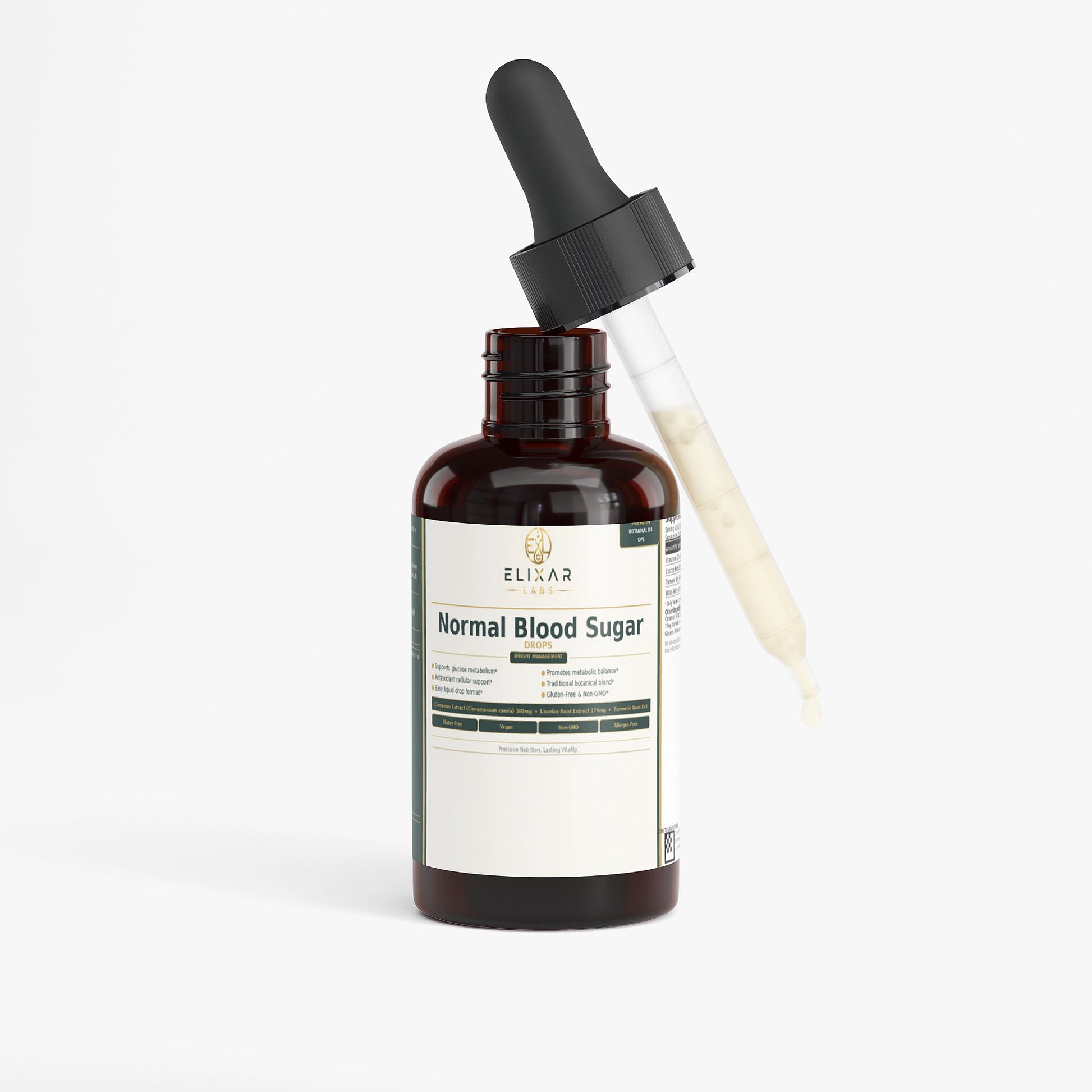 An amber glass dropper bottle labeled 'ELITAR Normal Blood Sugar' with a black dropper cap and a glass pipette resting against the bottle, shown on a clean white background.