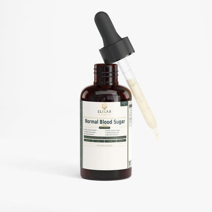 An amber glass dropper bottle labeled 'ELITAR Normal Blood Sugar' with a black dropper cap and a glass pipette resting against the bottle, shown on a clean white background.