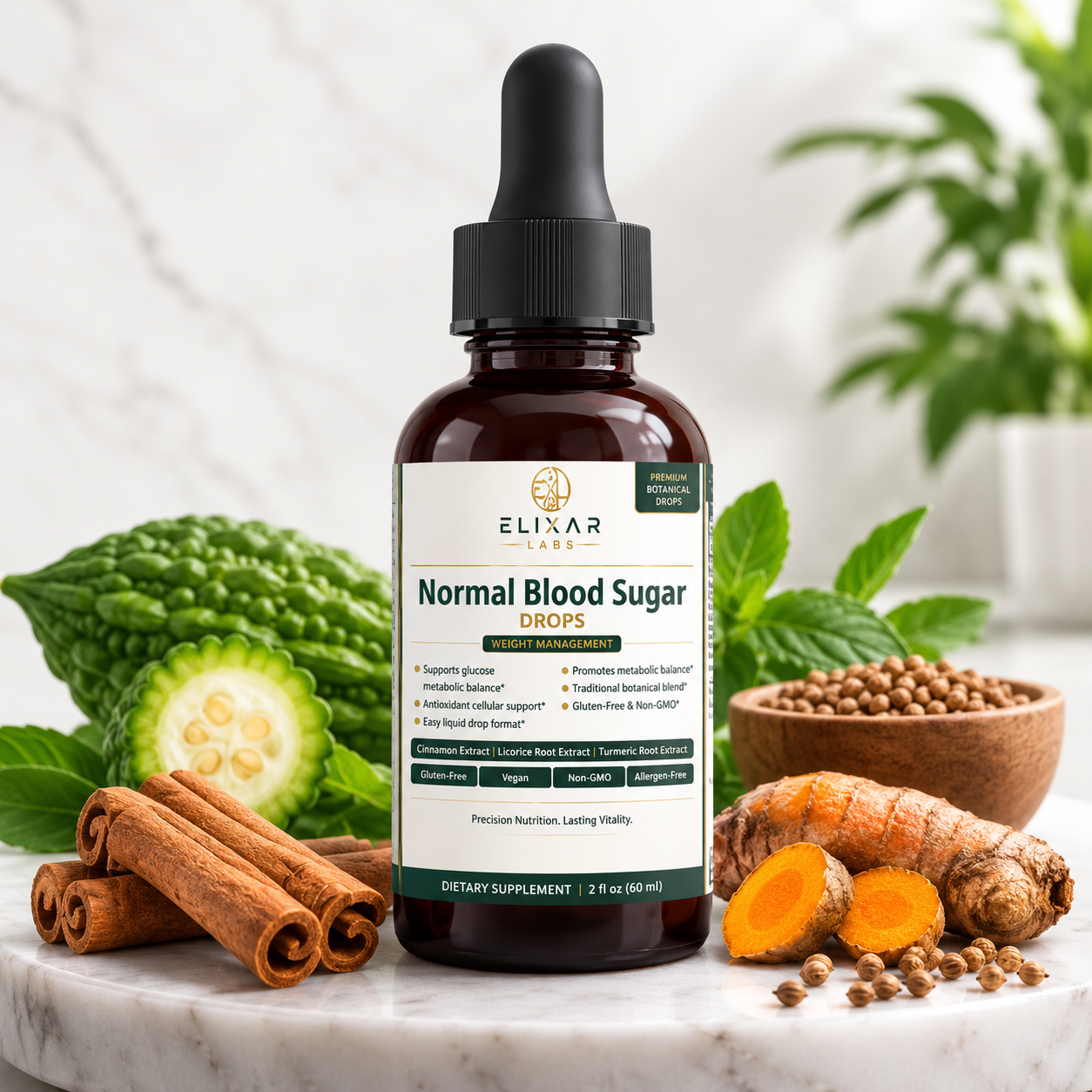 A bottle of ELIXAR Labs Normal Blood Sugar Drops centered on a marble surface, surrounded by ingredients including cinnamon sticks, turmeric root, bittersweet pepper, and a bowl of maca roots, with mint leaves and a blurred plant in the background.