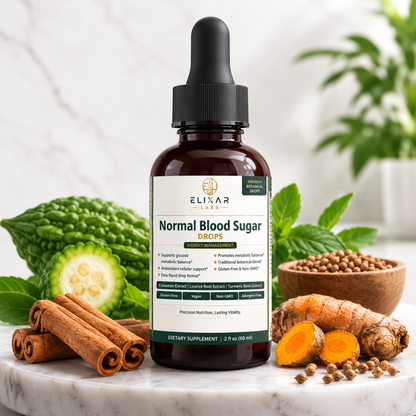 A bottle of ELIXAR Labs Normal Blood Sugar Drops centered on a marble surface, surrounded by ingredients including cinnamon sticks, turmeric root, bittersweet pepper, and a bowl of maca roots, with mint leaves and a blurred plant in the background.