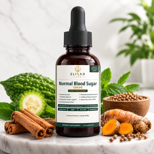 A bottle of ELIXAR Labs Normal Blood Sugar Drops centered on a marble surface, surrounded by ingredients including cinnamon sticks, turmeric root, bittersweet pepper, and a bowl of maca roots, with mint leaves and a blurred plant in the background.