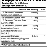Supplement facts label with various extracts and their amounts per serving.