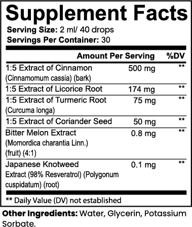 Supplement facts label with various extracts and their amounts per serving.